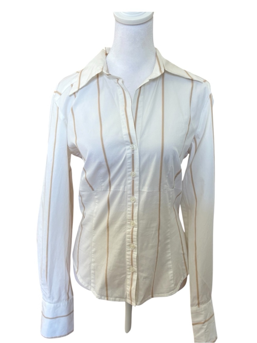 Anne Klein Ivory Tan Striped Tailored Button Down Shirt Size 6
